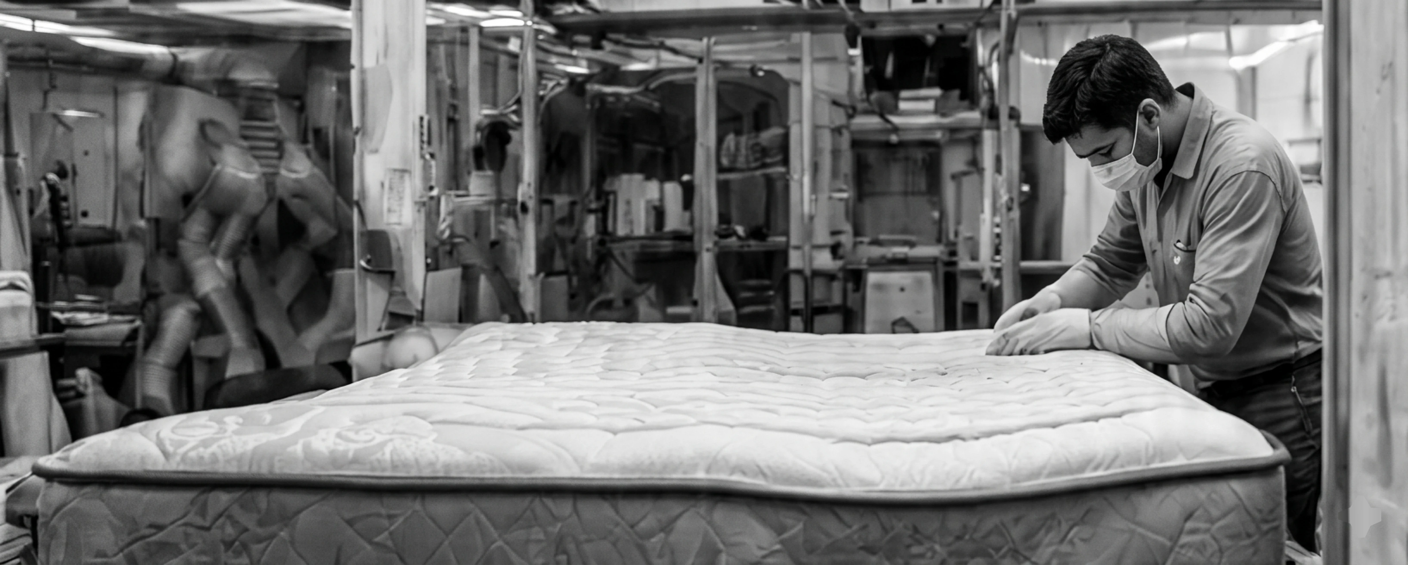 An Avalon craftsperson finishing a mattress on the production floor