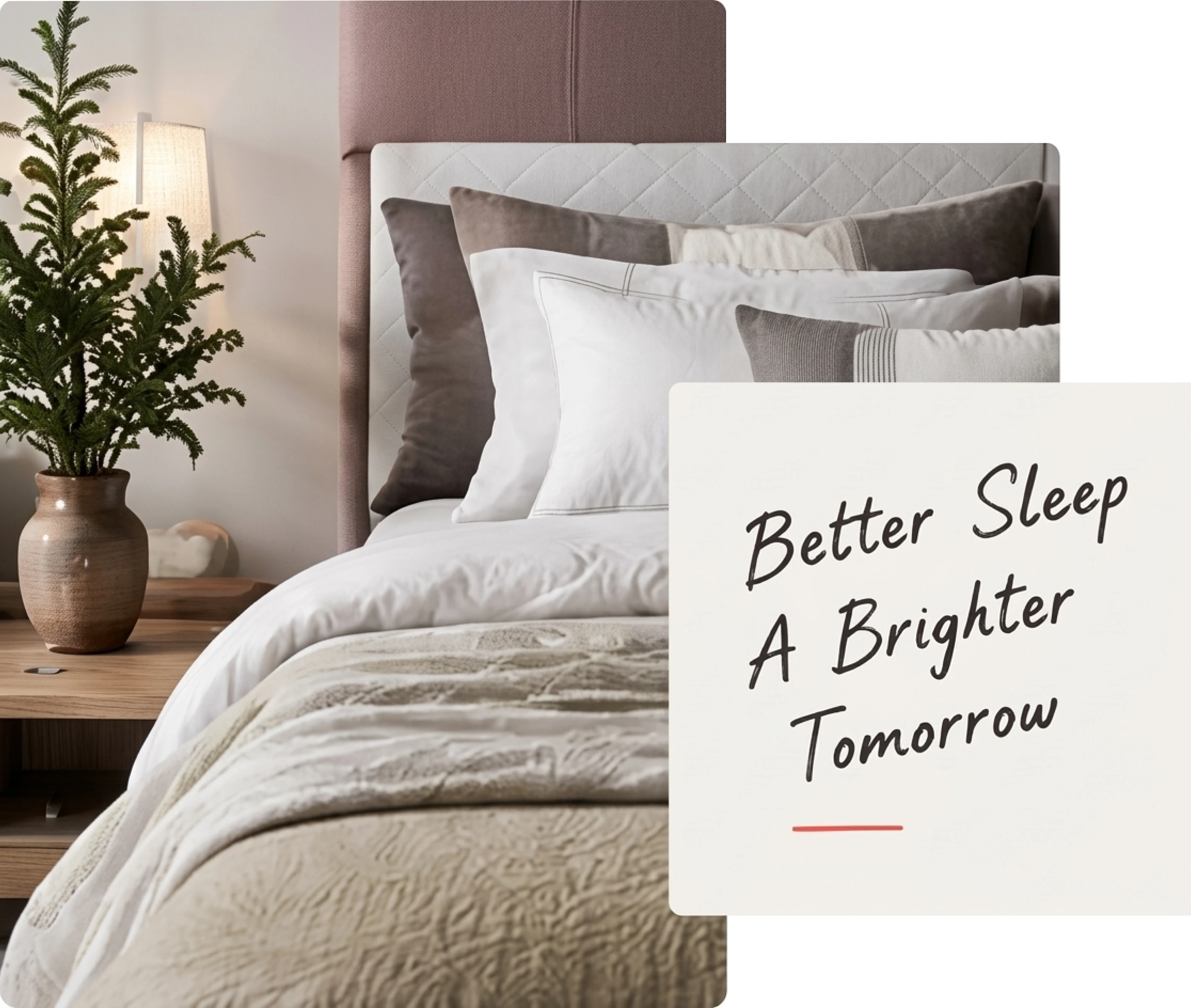 Avalon bedding with a handwritten note reading Better Sleep, A Brighter Tomorrow