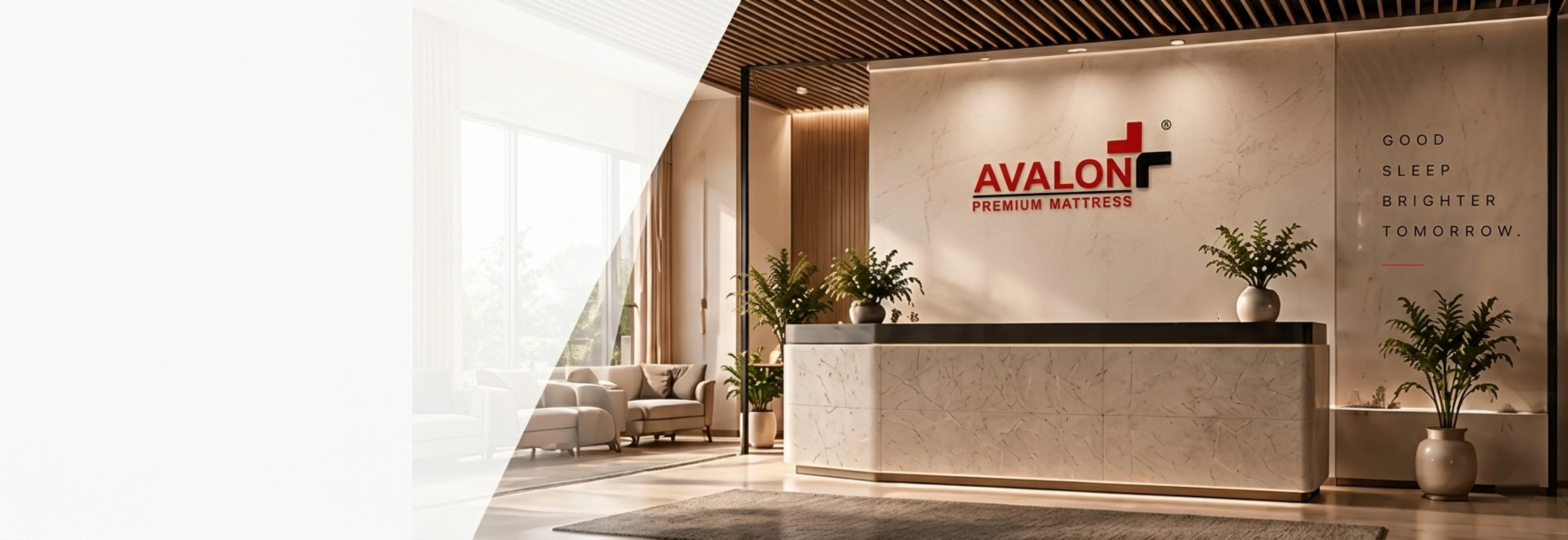 Avalon office reception with branded wall and welcome desk